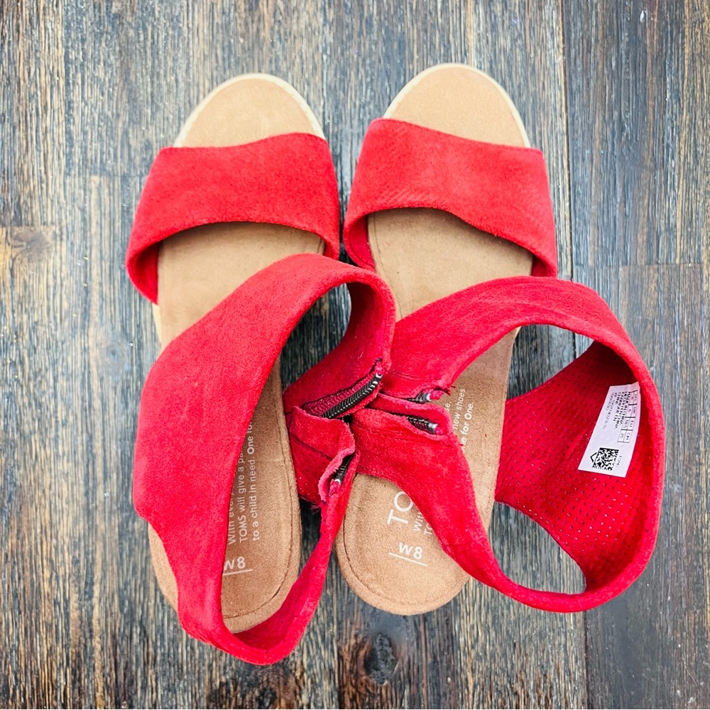 Toms Red Suede Block Heel Sandal